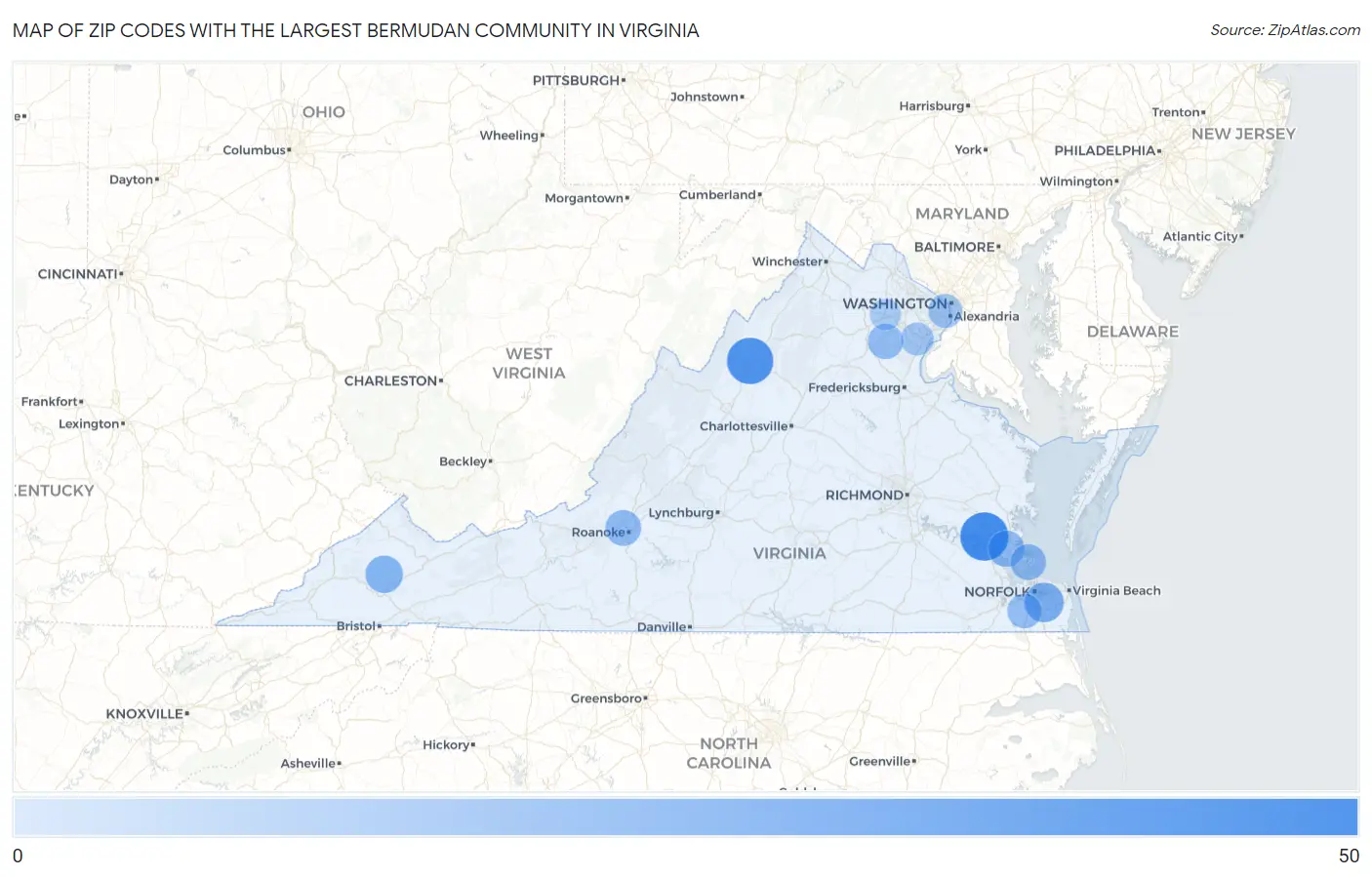Zip Codes with the Largest Bermudan Community in Virginia Map