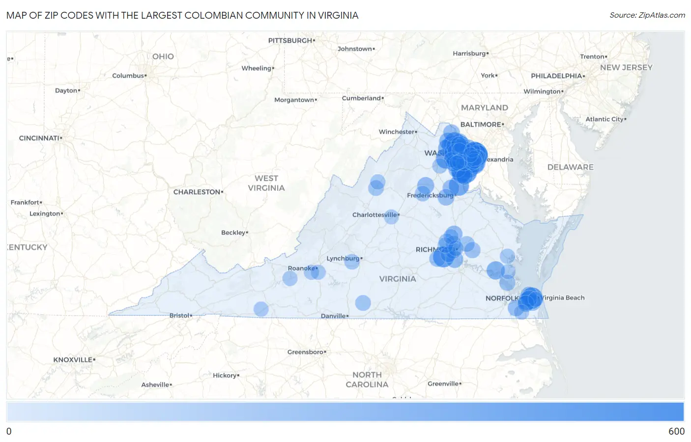 Zip Codes with the Largest Colombian Community in Virginia Map