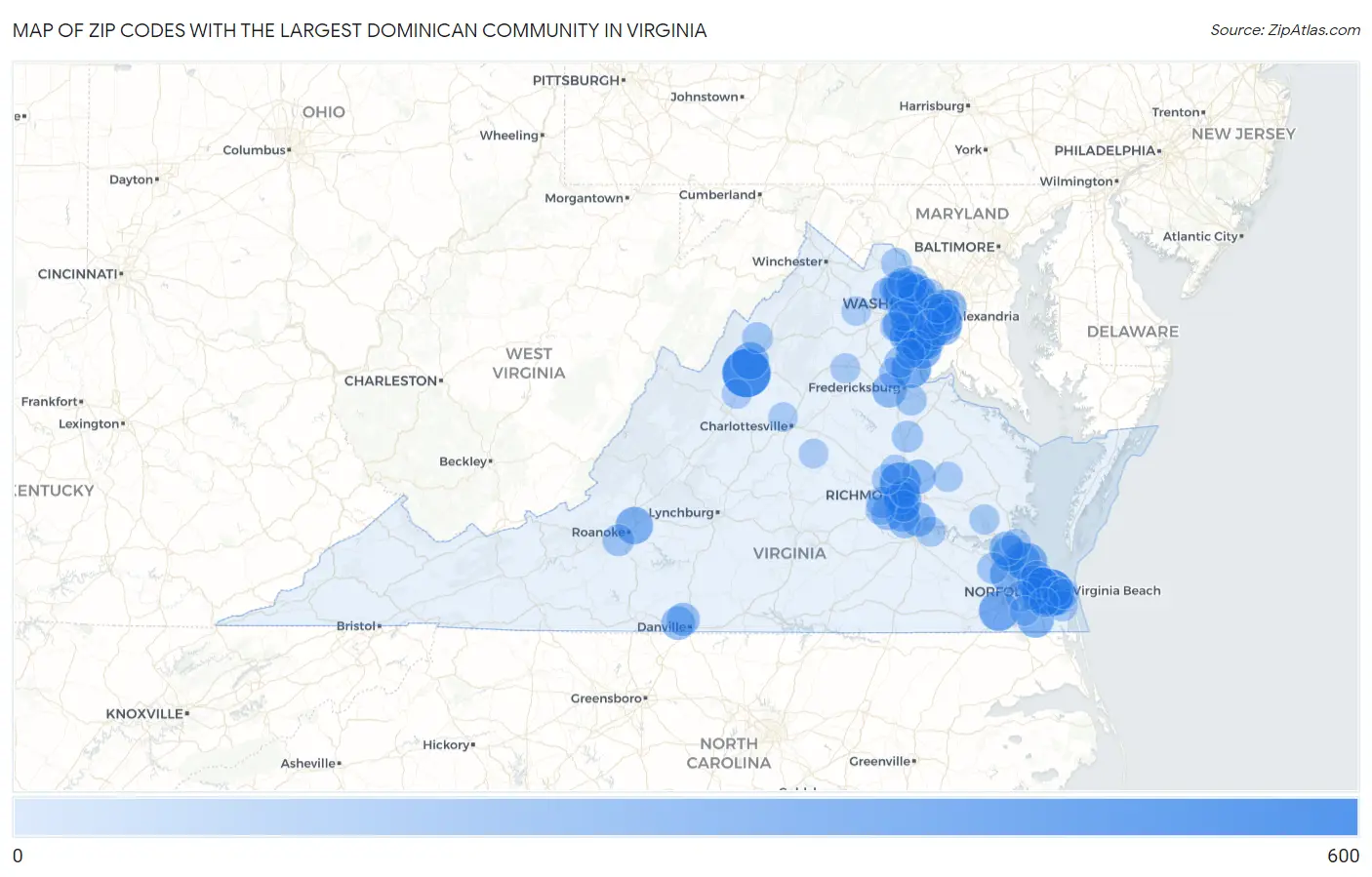 Zip Codes with the Largest Dominican Community in Virginia Map