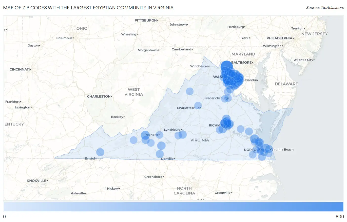 Zip Codes with the Largest Egyptian Community in Virginia Map
