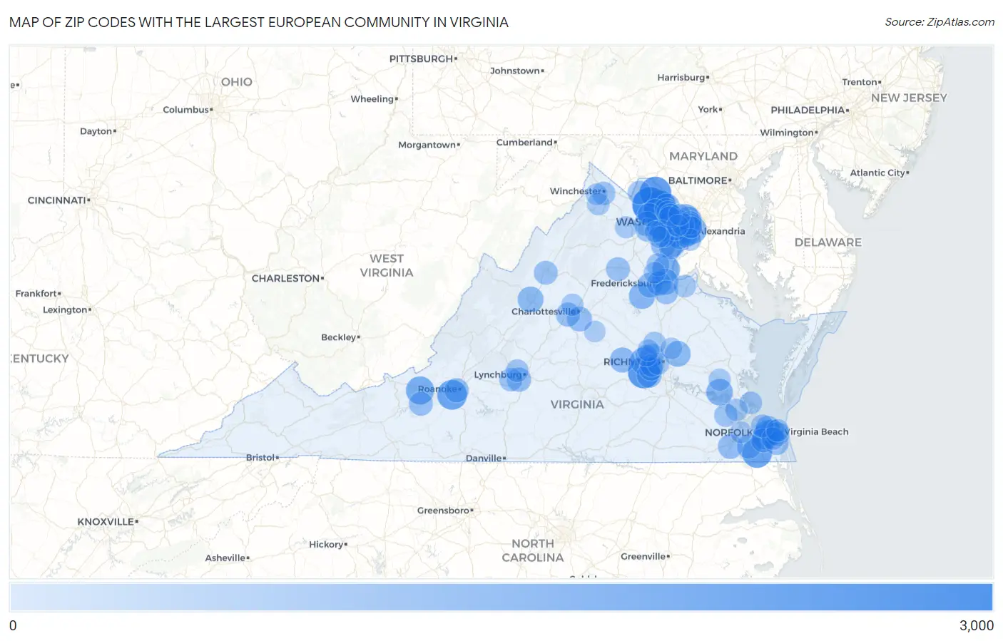 Zip Codes with the Largest European Community in Virginia Map
