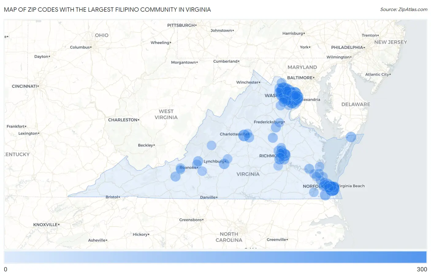Zip Codes with the Largest Filipino Community in Virginia Map