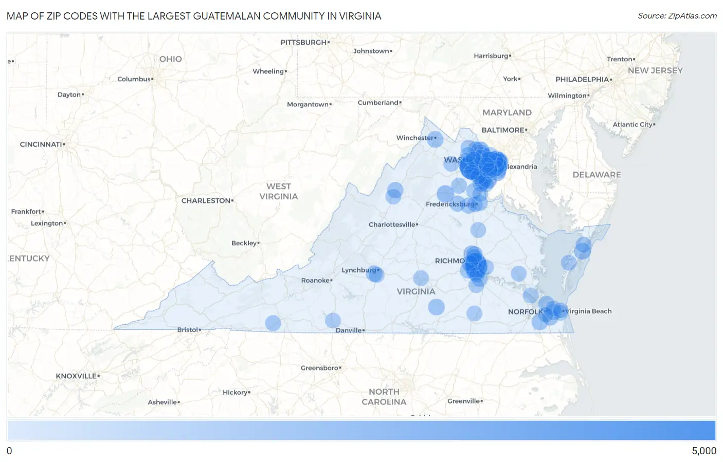 Zip Codes with the Largest Guatemalan Community in Virginia Map