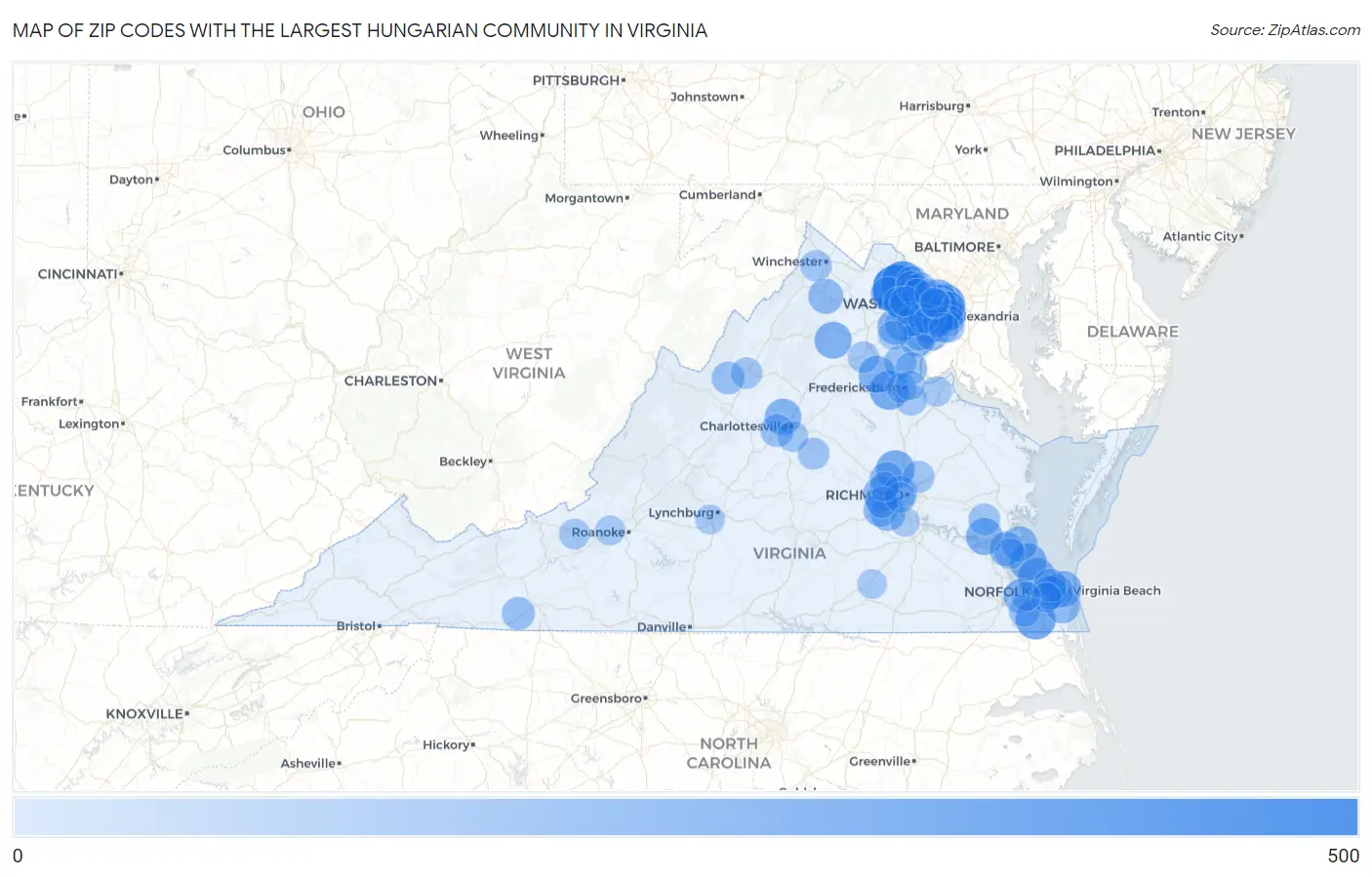 Zip Codes with the Largest Hungarian Community in Virginia Map