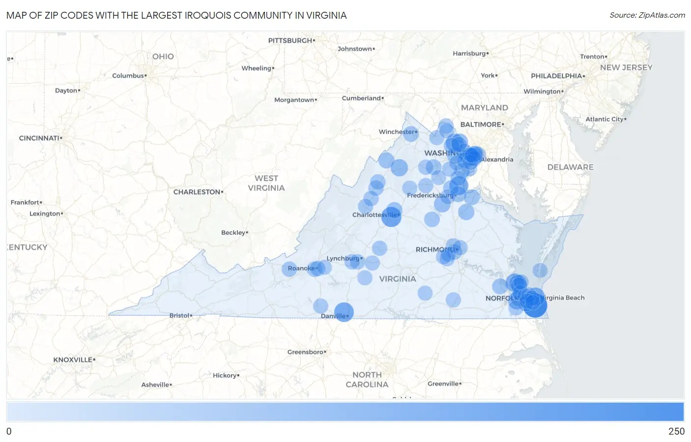 Zip Codes with the Largest Iroquois Community in Virginia Map