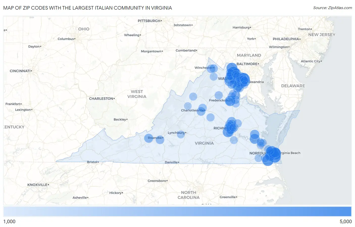 Zip Codes with the Largest Italian Community in Virginia Map