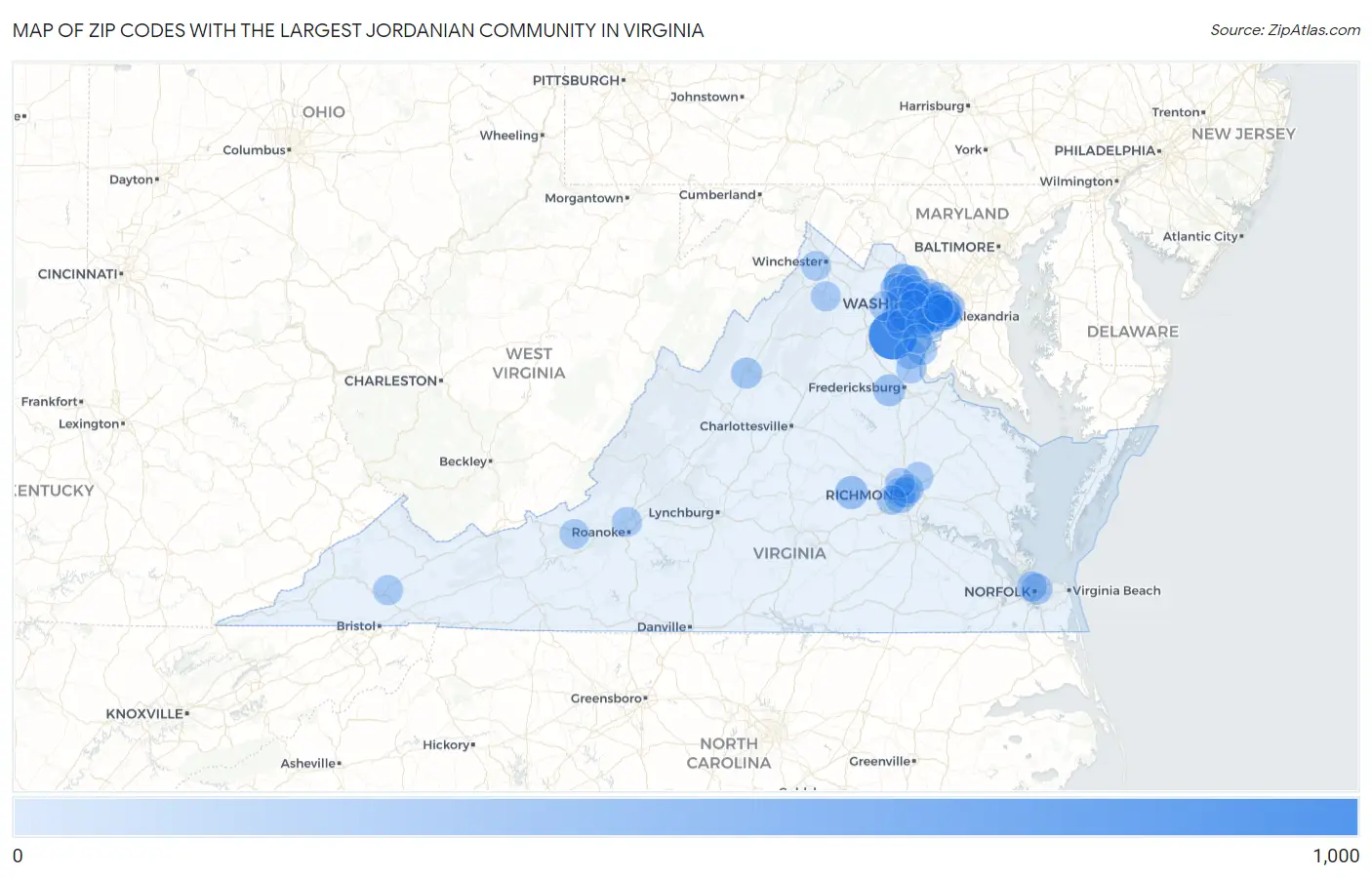 Zip Codes with the Largest Jordanian Community in Virginia Map