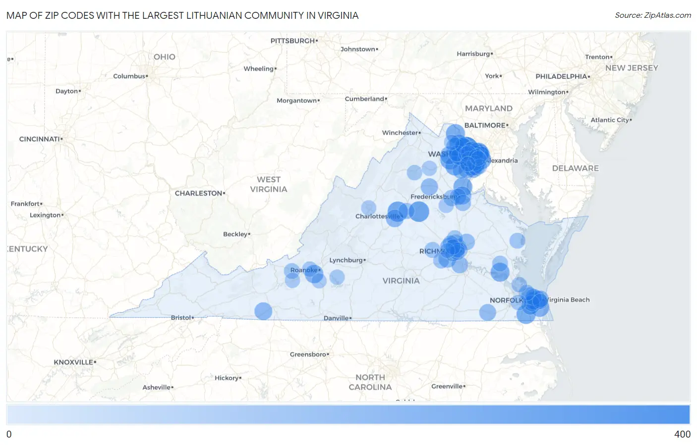 Zip Codes with the Largest Lithuanian Community in Virginia Map