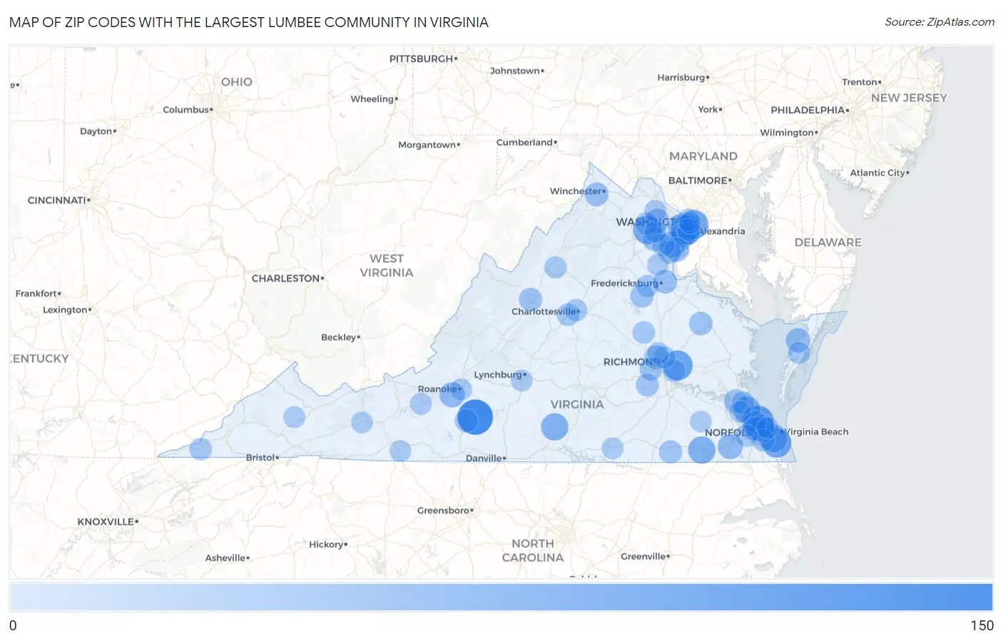 Zip Codes with the Largest Lumbee Community in Virginia Map