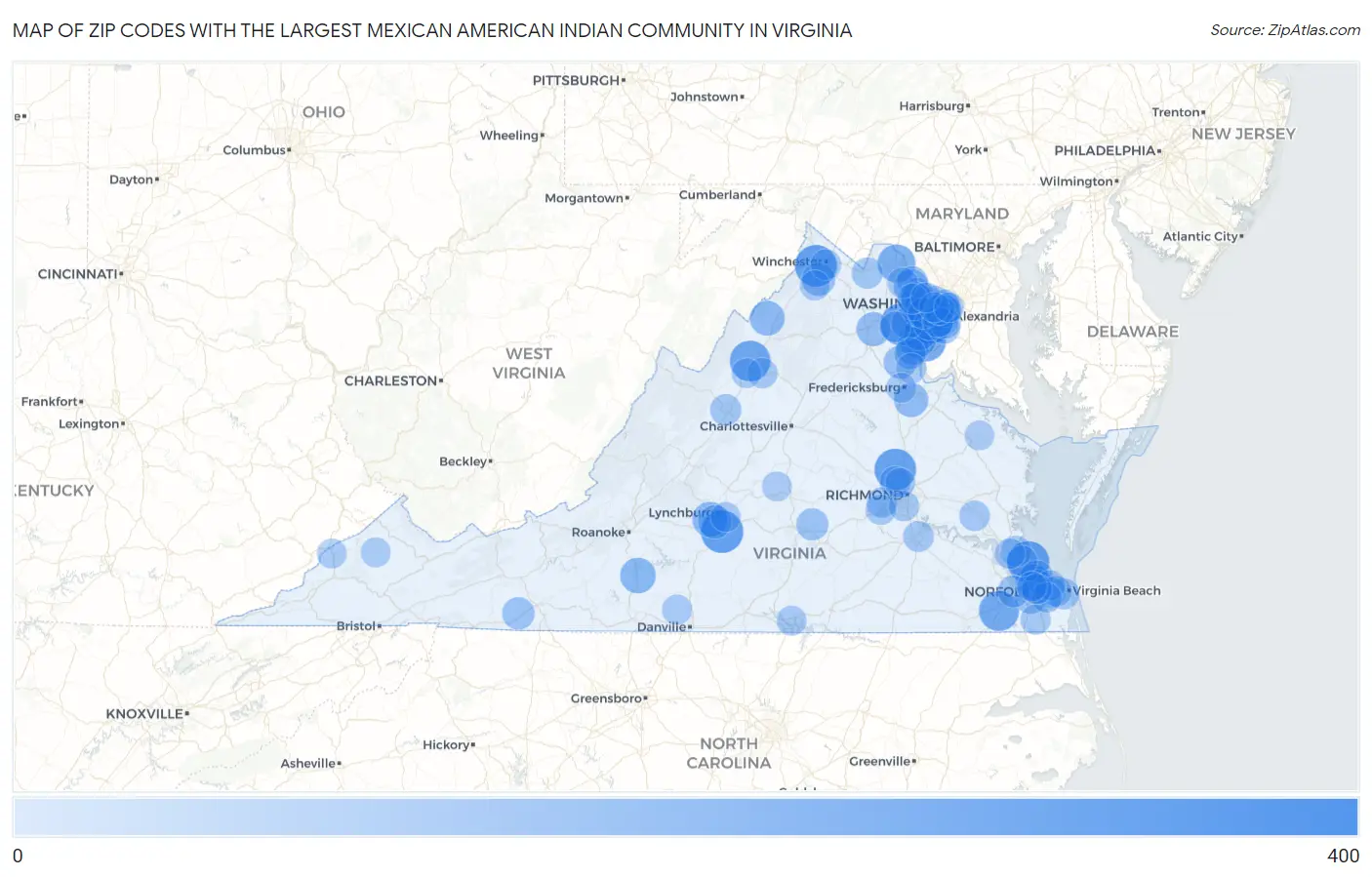 Zip Codes with the Largest Mexican American Indian Community in Virginia Map