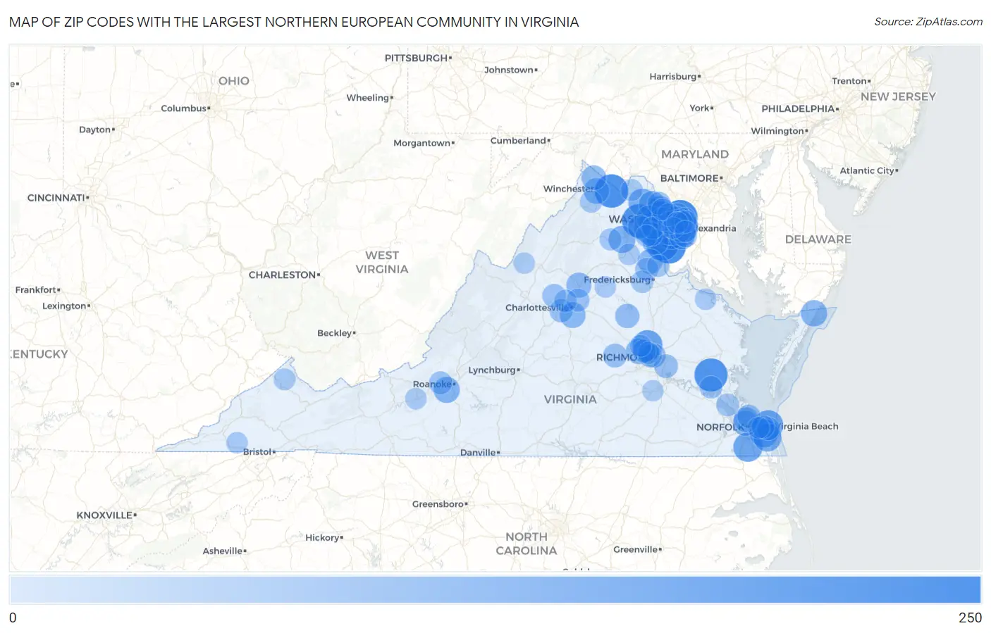 Zip Codes with the Largest Northern European Community in Virginia Map