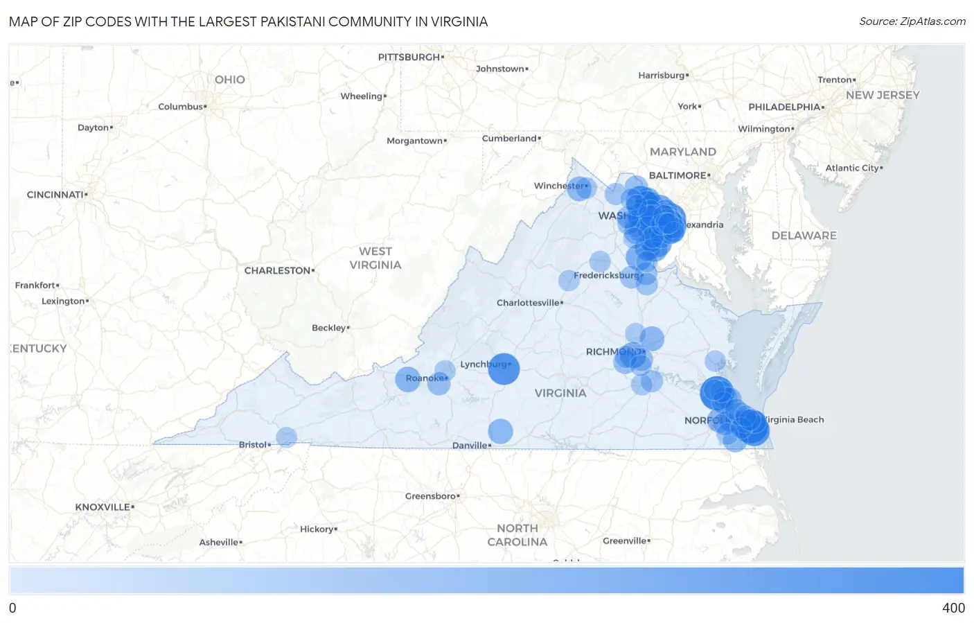 Zip Codes with the Largest Pakistani Community in Virginia Map