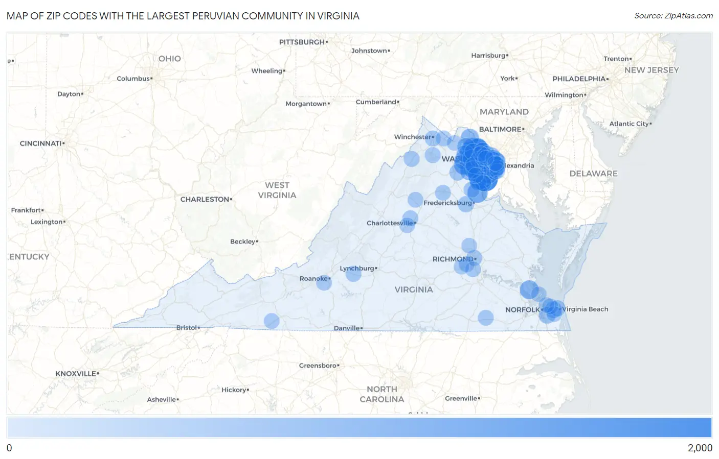 Zip Codes with the Largest Peruvian Community in Virginia Map
