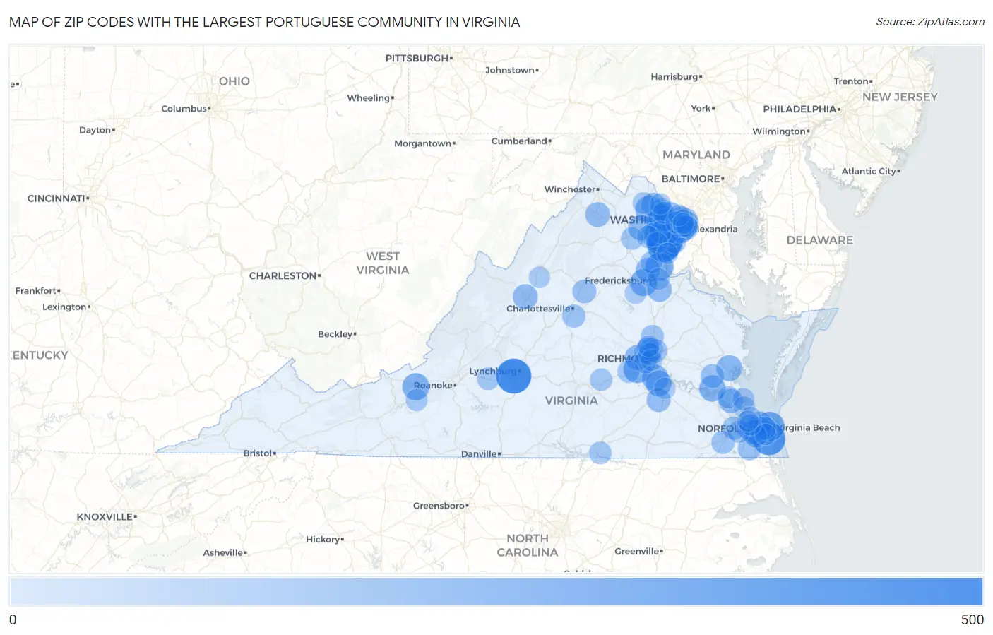Zip Codes with the Largest Portuguese Community in Virginia Map