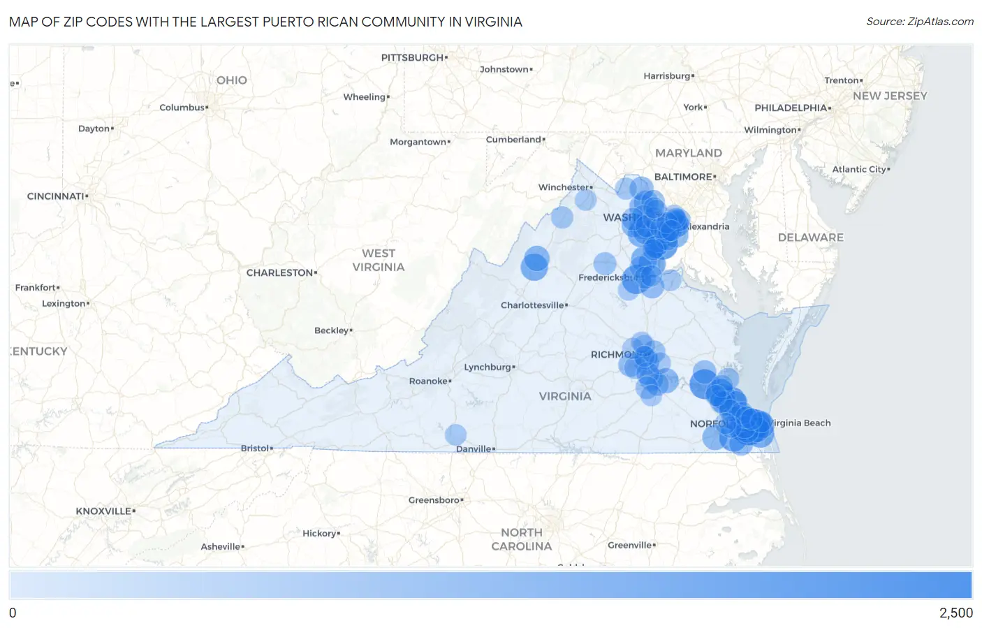Zip Codes with the Largest Puerto Rican Community in Virginia Map