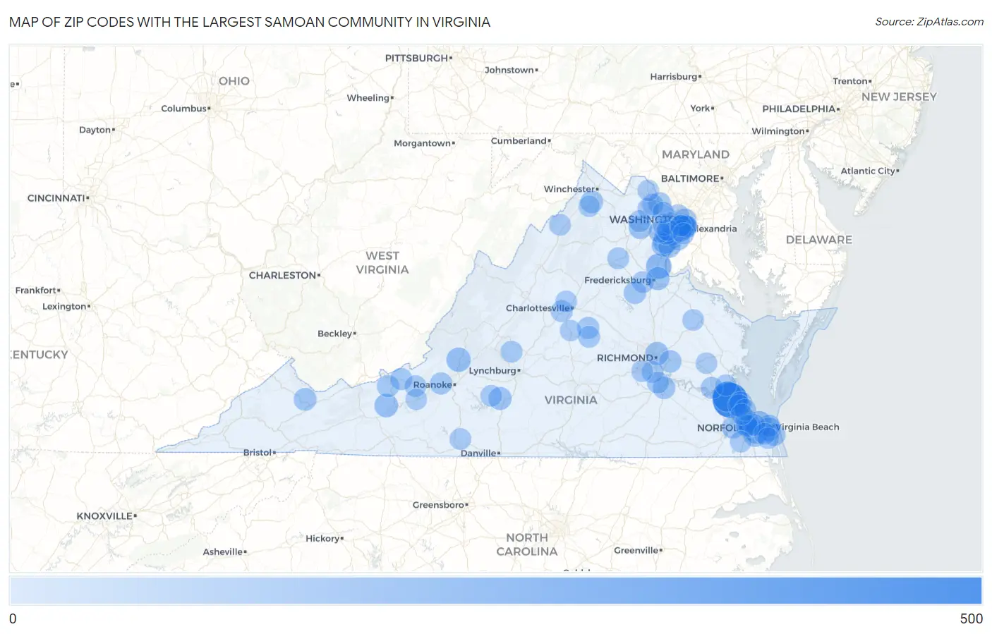 Zip Codes with the Largest Samoan Community in Virginia Map