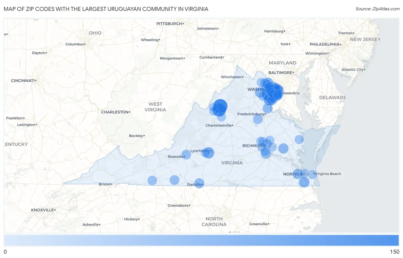 Zip Codes with the Largest Uruguayan Community in Virginia Map