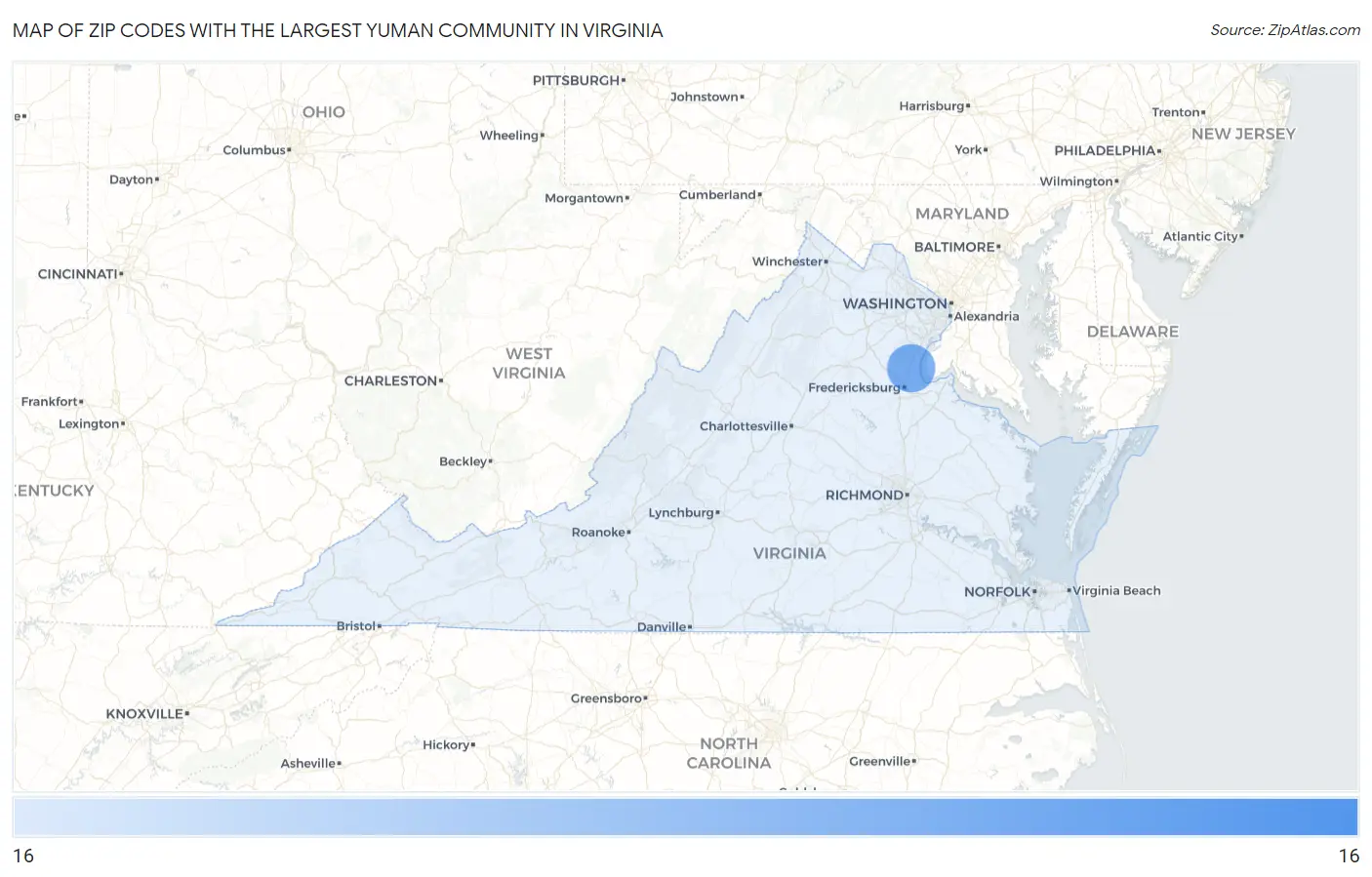 Zip Codes with the Largest Yuman Community in Virginia Map