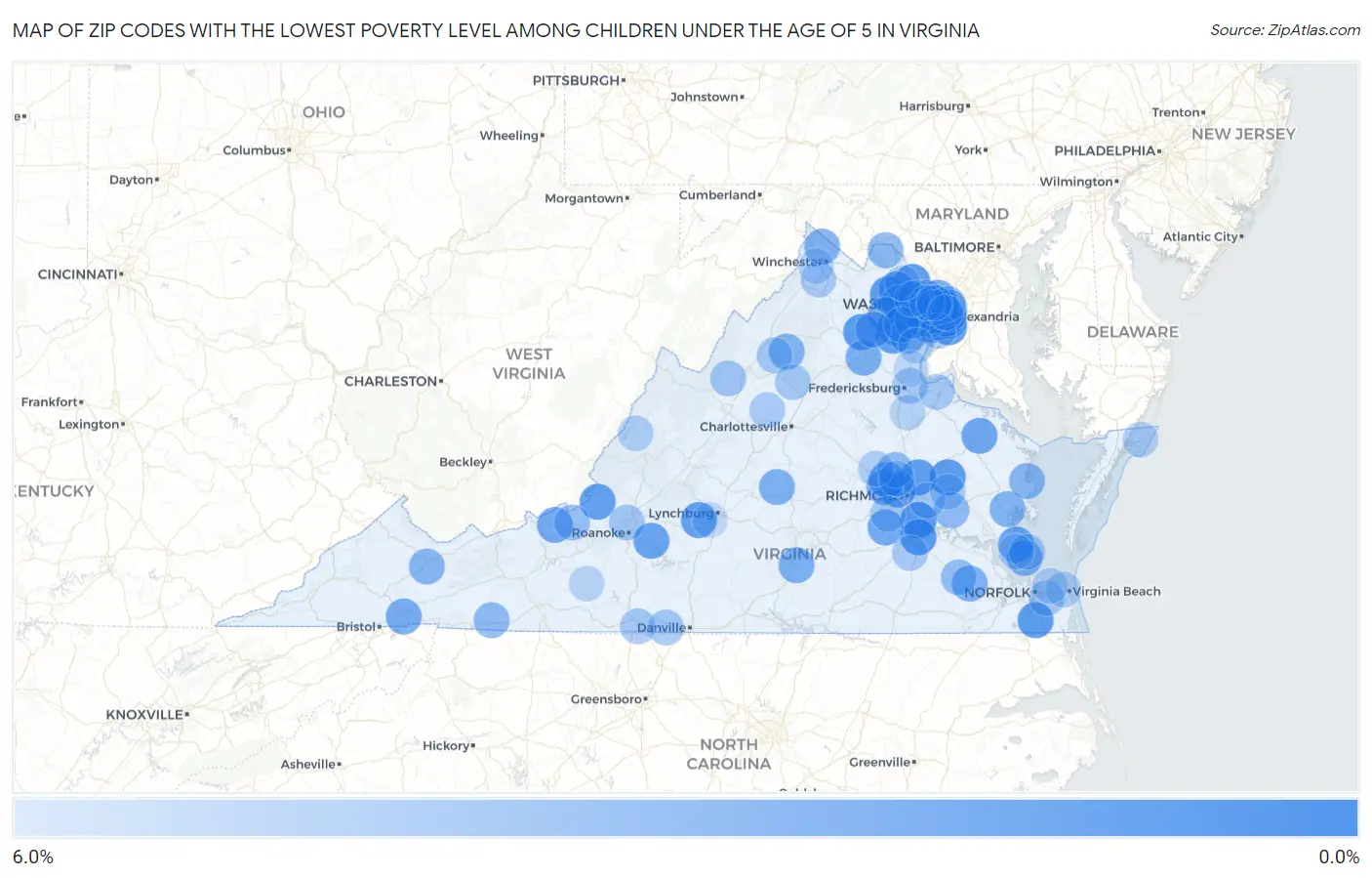 Zip Codes with the Lowest Poverty Level Among Children Under the Age of 5 in Virginia Map