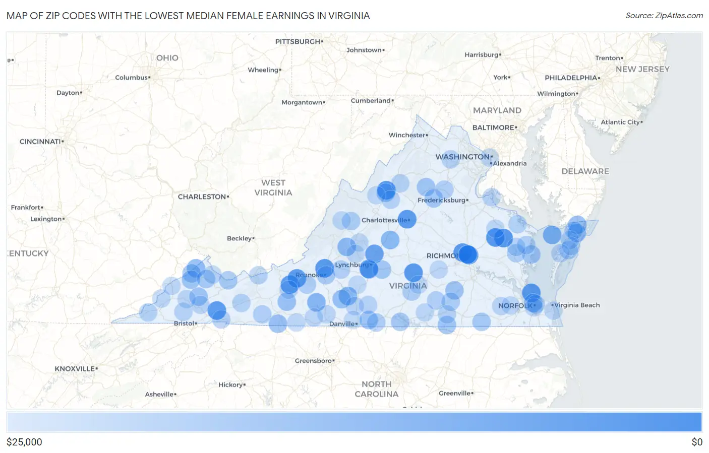 Zip Codes with the Lowest Median Female Earnings in Virginia Map