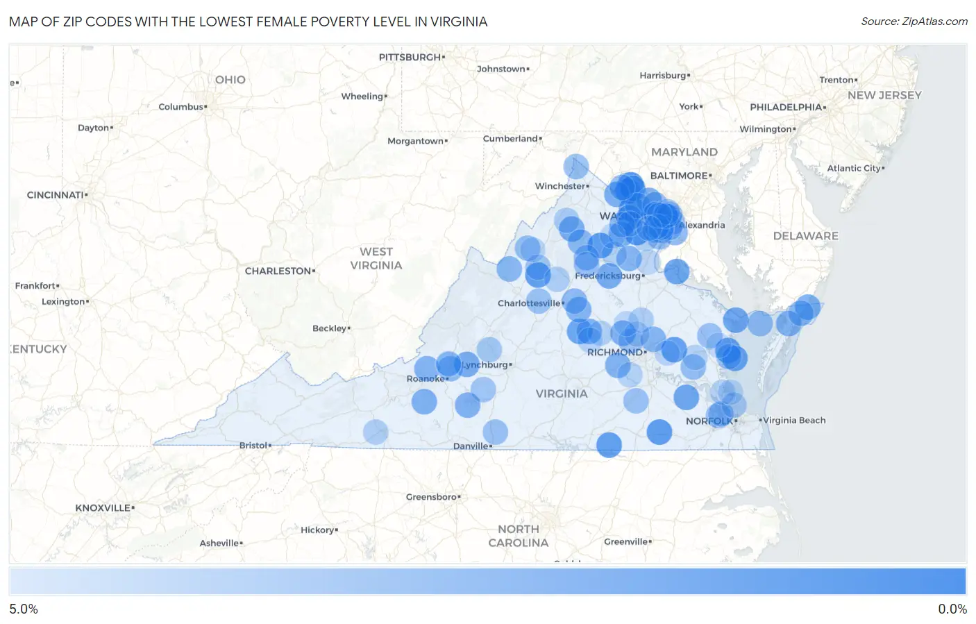 Zip Codes with the Lowest Female Poverty Level in Virginia Map