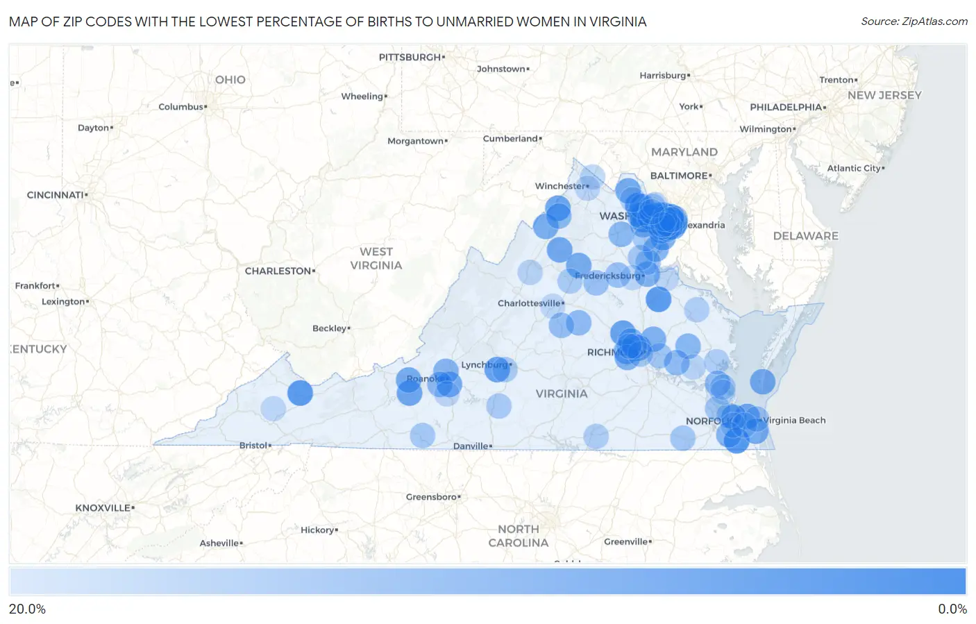 Zip Codes with the Lowest Percentage of Births to Unmarried Women in Virginia Map