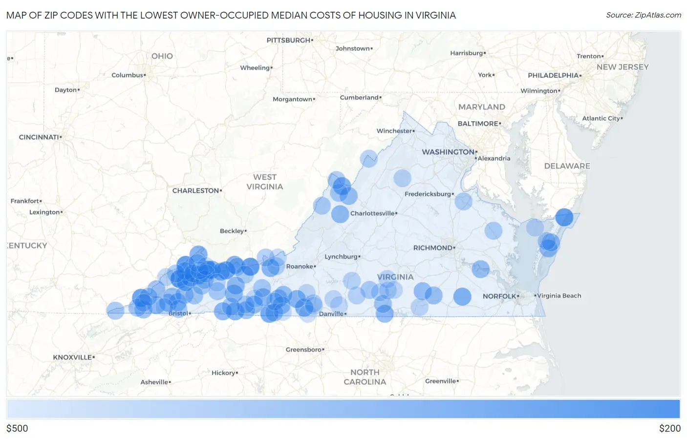 Zip Codes with the Lowest Owner-Occupied Median Costs of Housing in Virginia Map