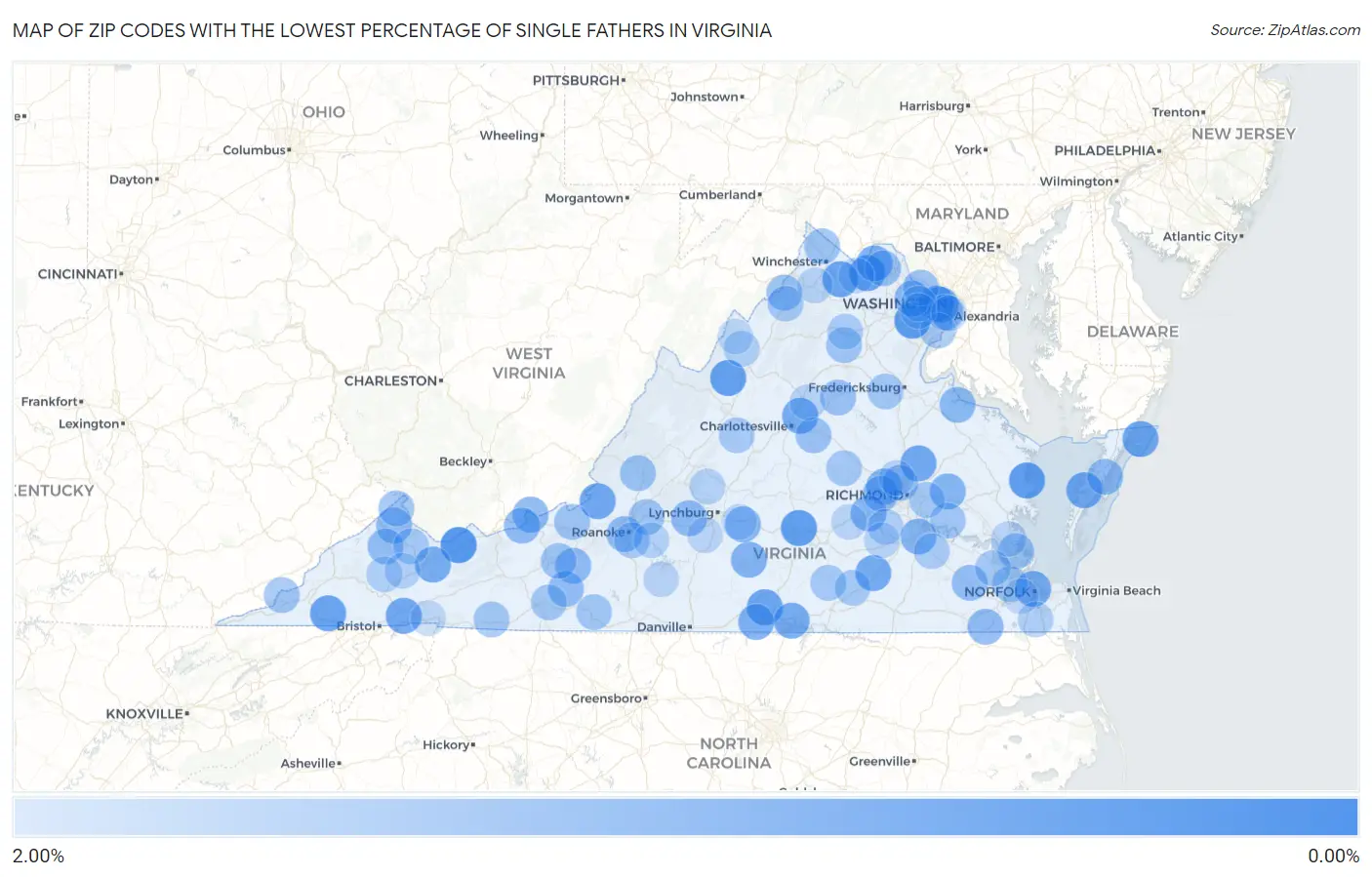 Zip Codes with the Lowest Percentage of Single Fathers in Virginia Map