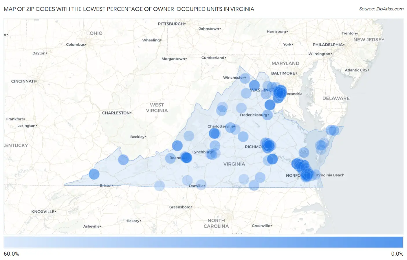 Zip Codes with the Lowest Percentage of Owner-Occupied Units in Virginia Map