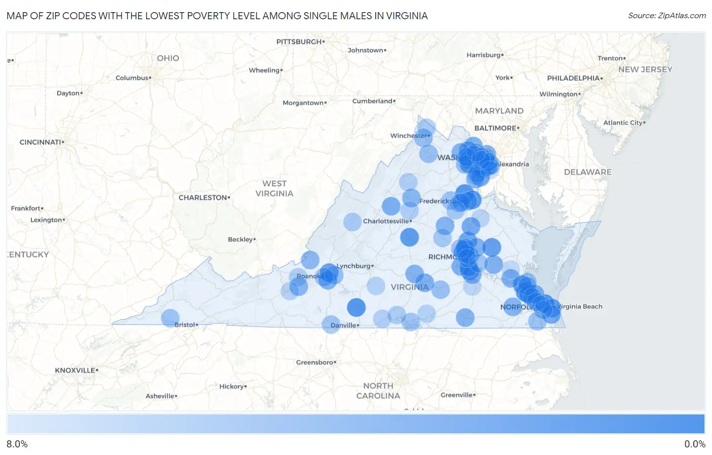 Zip Codes with the Lowest Poverty Level Among Single Males in Virginia Map