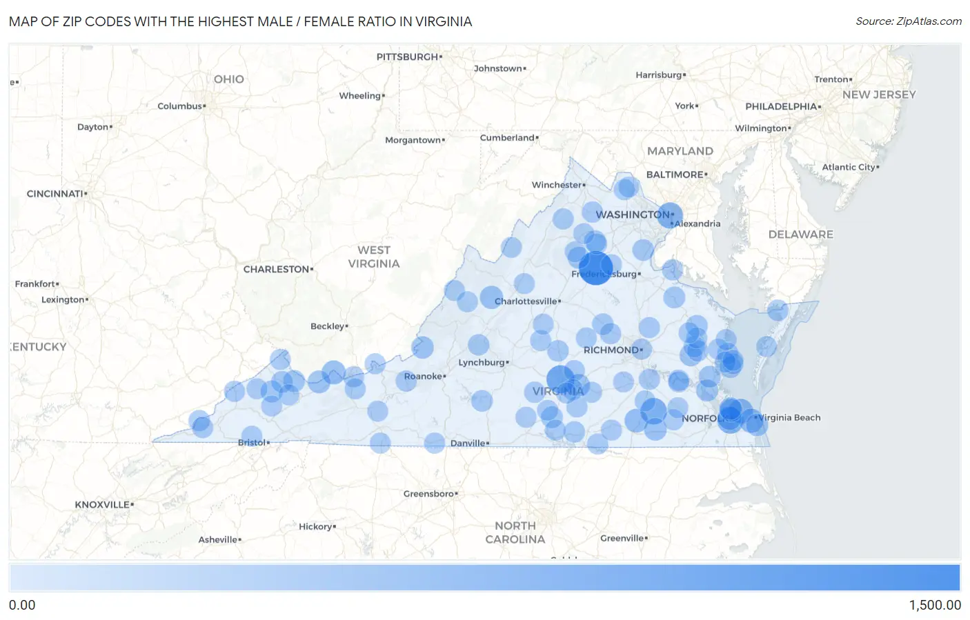 Zip Codes with the Highest Male / Female Ratio in Virginia Map