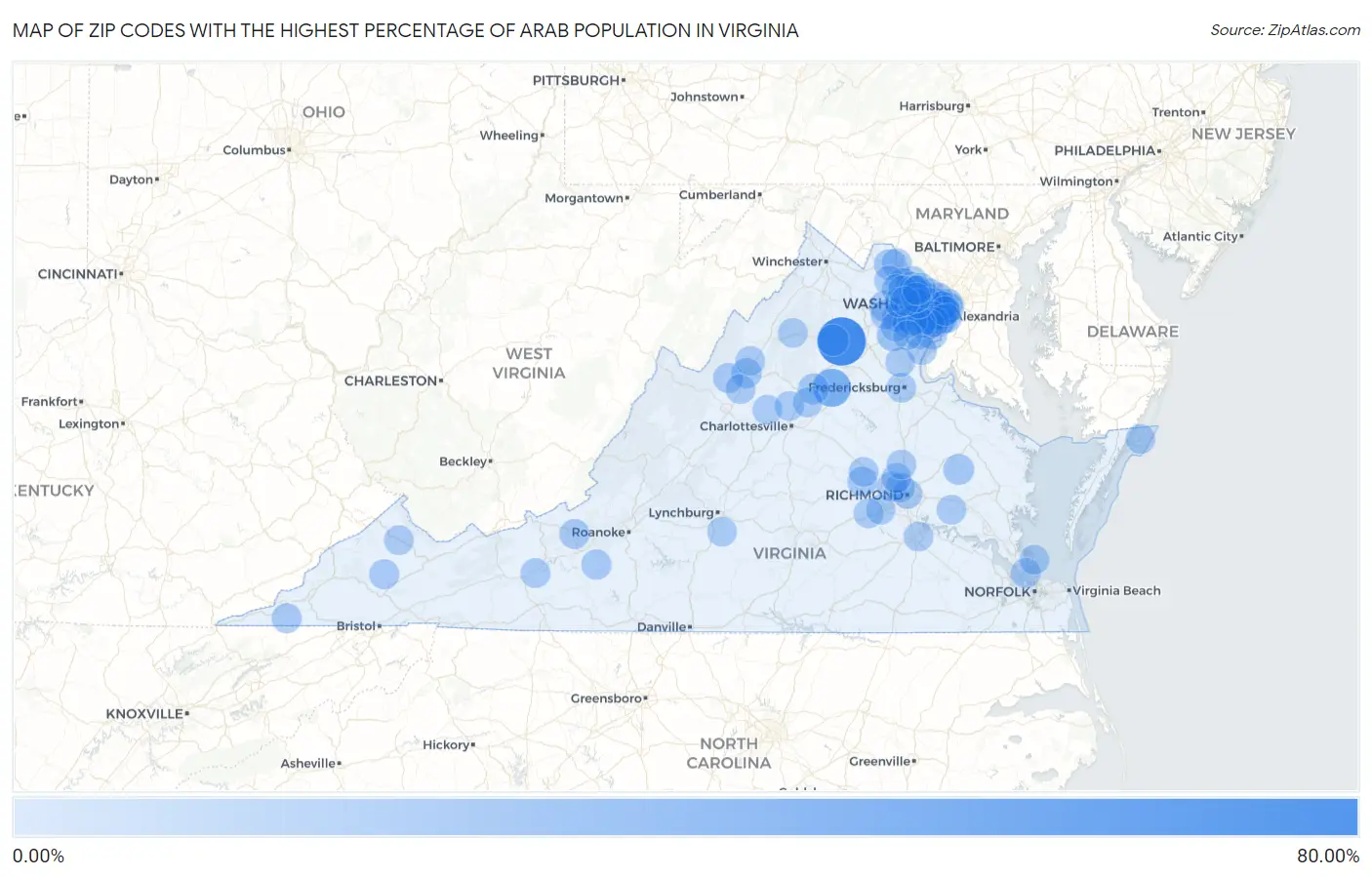 Zip Codes with the Highest Percentage of Arab Population in Virginia Map