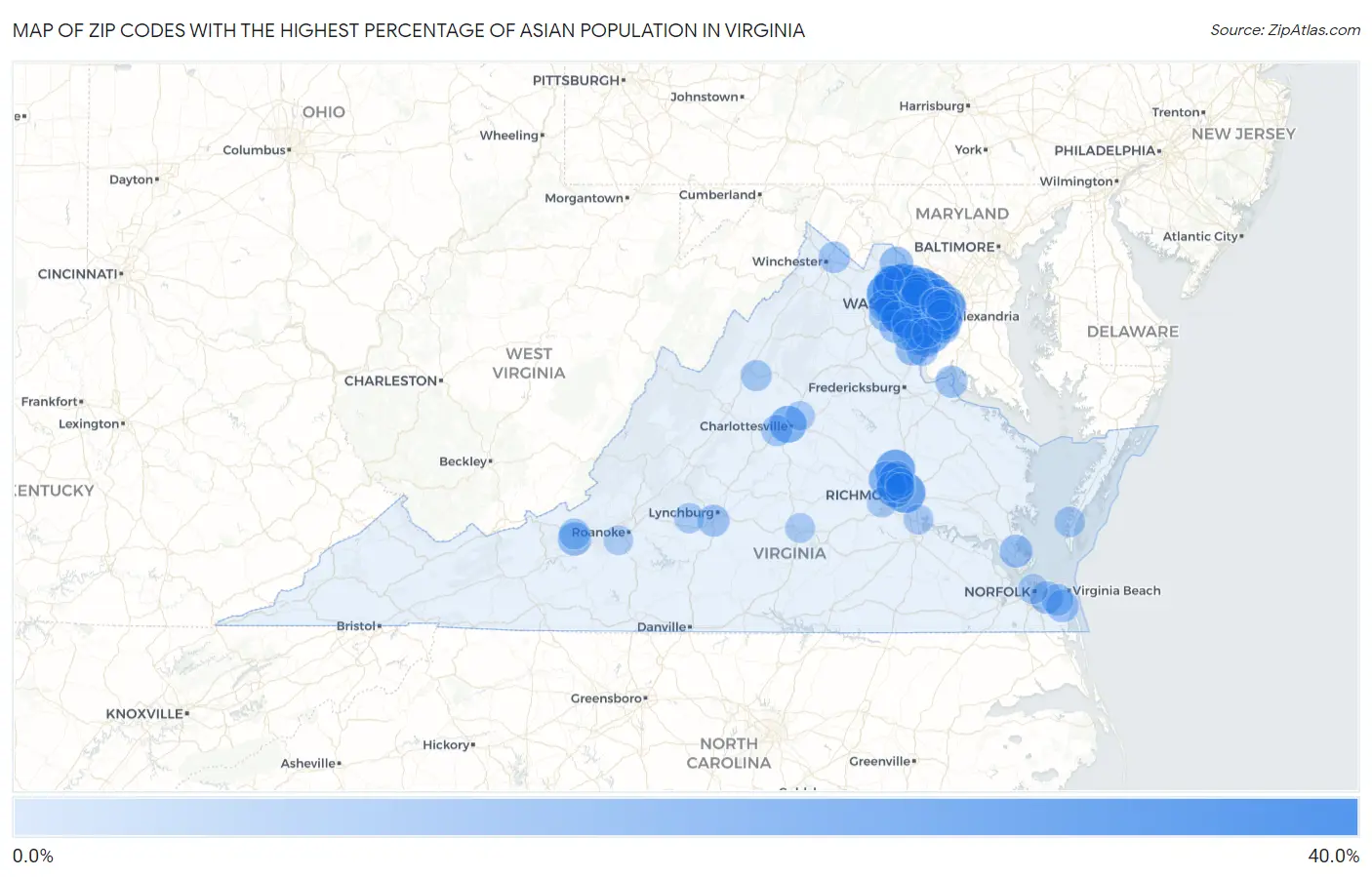 Zip Codes with the Highest Percentage of Asian Population in Virginia Map