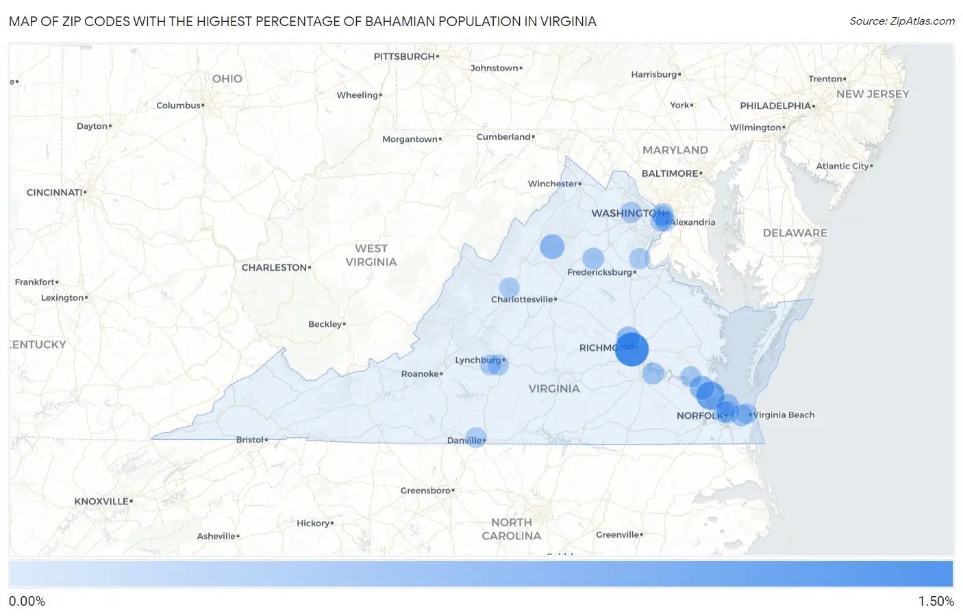 Zip Codes with the Highest Percentage of Bahamian Population in Virginia Map