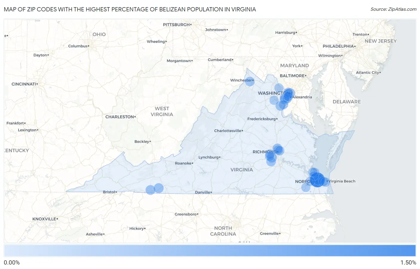 Zip Codes with the Highest Percentage of Belizean Population in Virginia Map