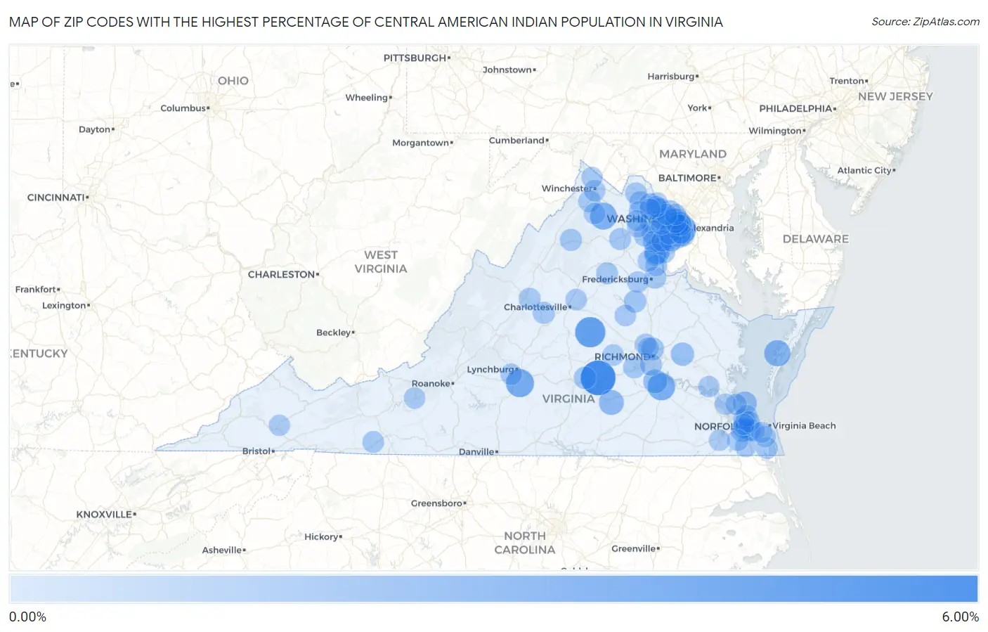 Zip Codes with the Highest Percentage of Central American Indian Population in Virginia Map