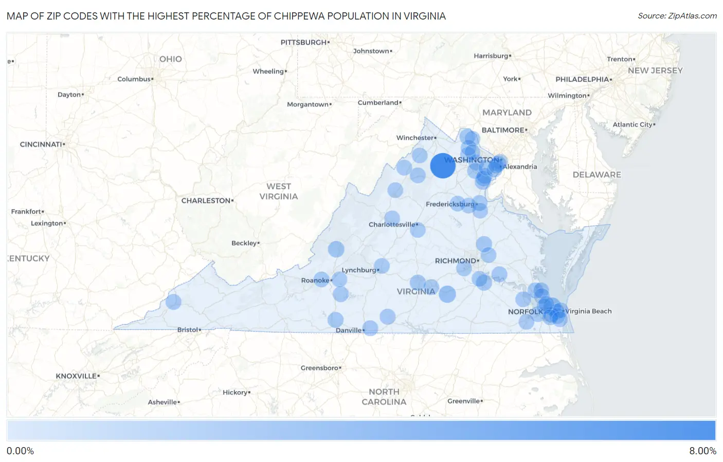 Zip Codes with the Highest Percentage of Chippewa Population in Virginia Map