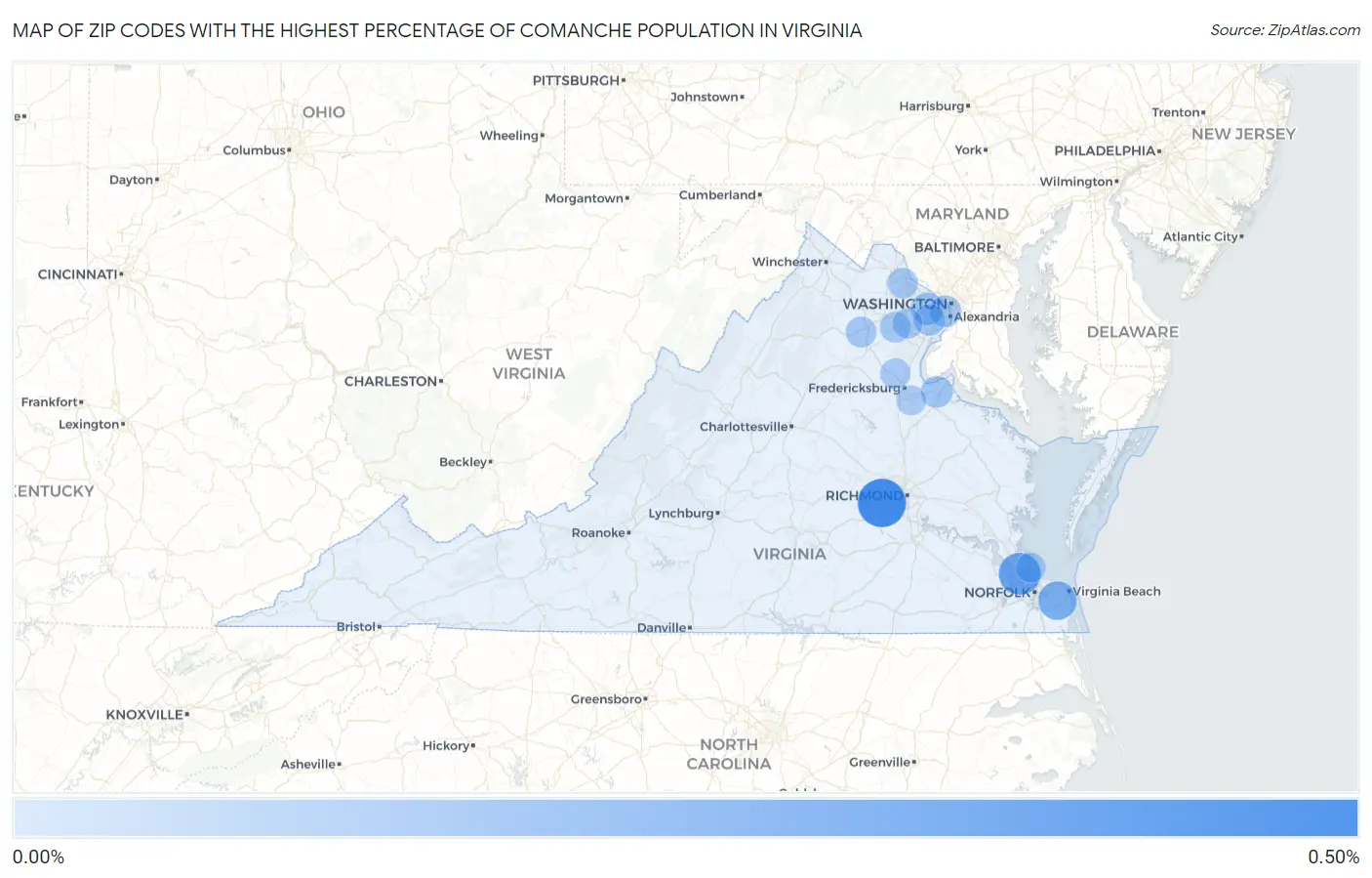 Zip Codes with the Highest Percentage of Comanche Population in Virginia Map