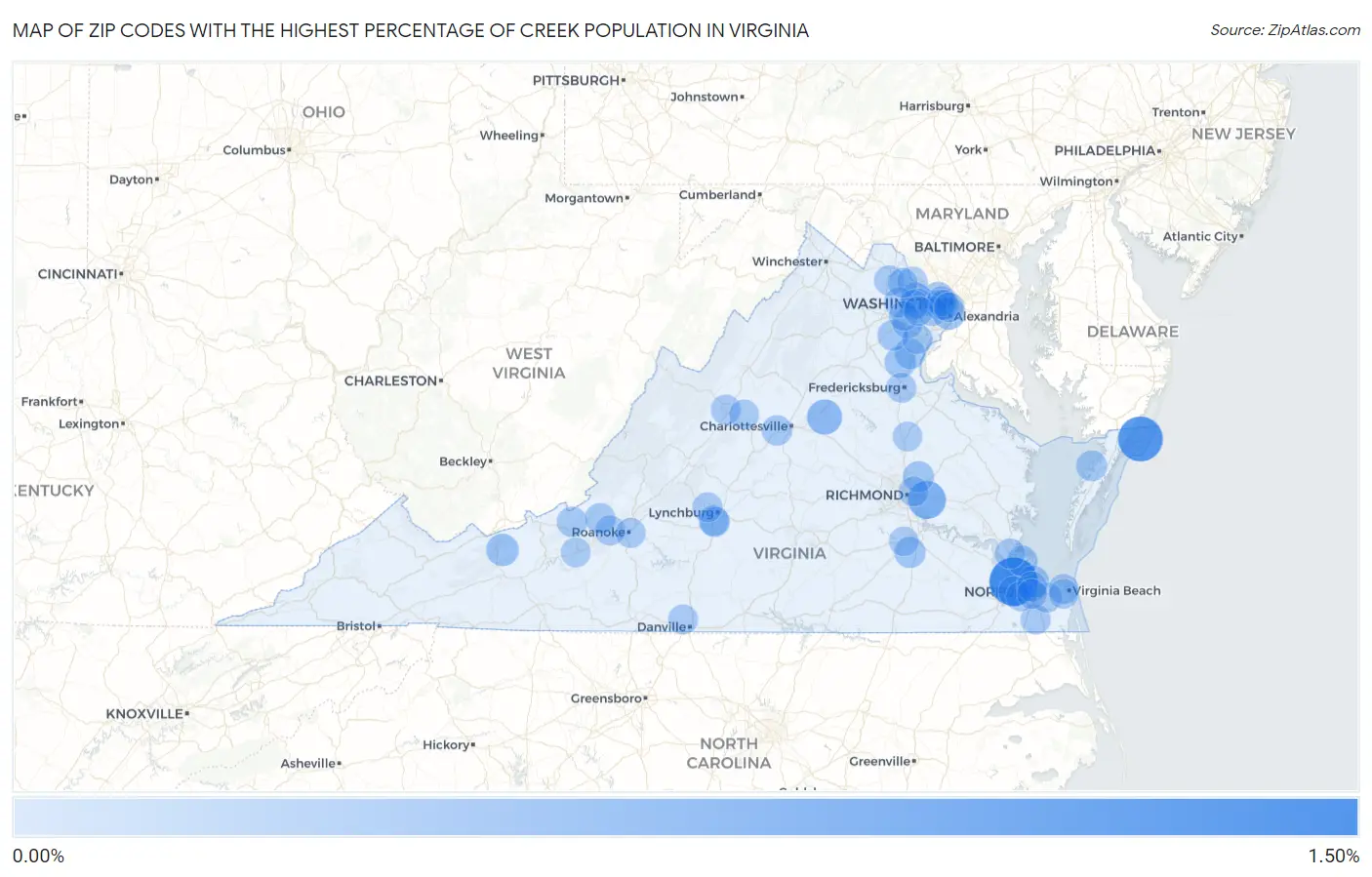 Zip Codes with the Highest Percentage of Creek Population in Virginia Map