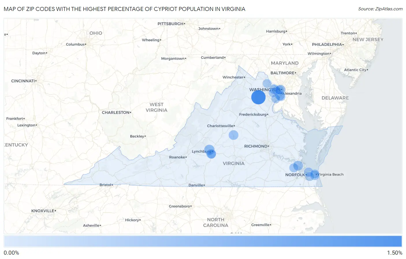 Zip Codes with the Highest Percentage of Cypriot Population in Virginia Map