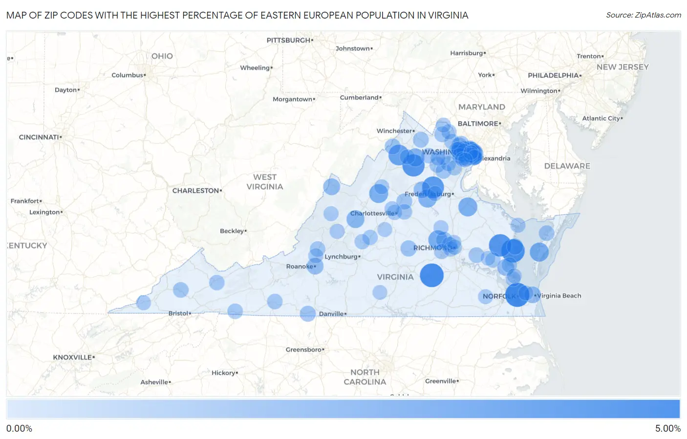 Zip Codes with the Highest Percentage of Eastern European Population in Virginia Map