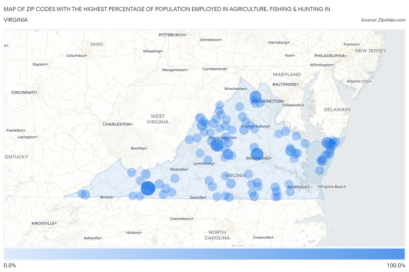 Zip Codes with the Highest Percentage of Population Employed in Agriculture, Fishing & Hunting in Virginia Map