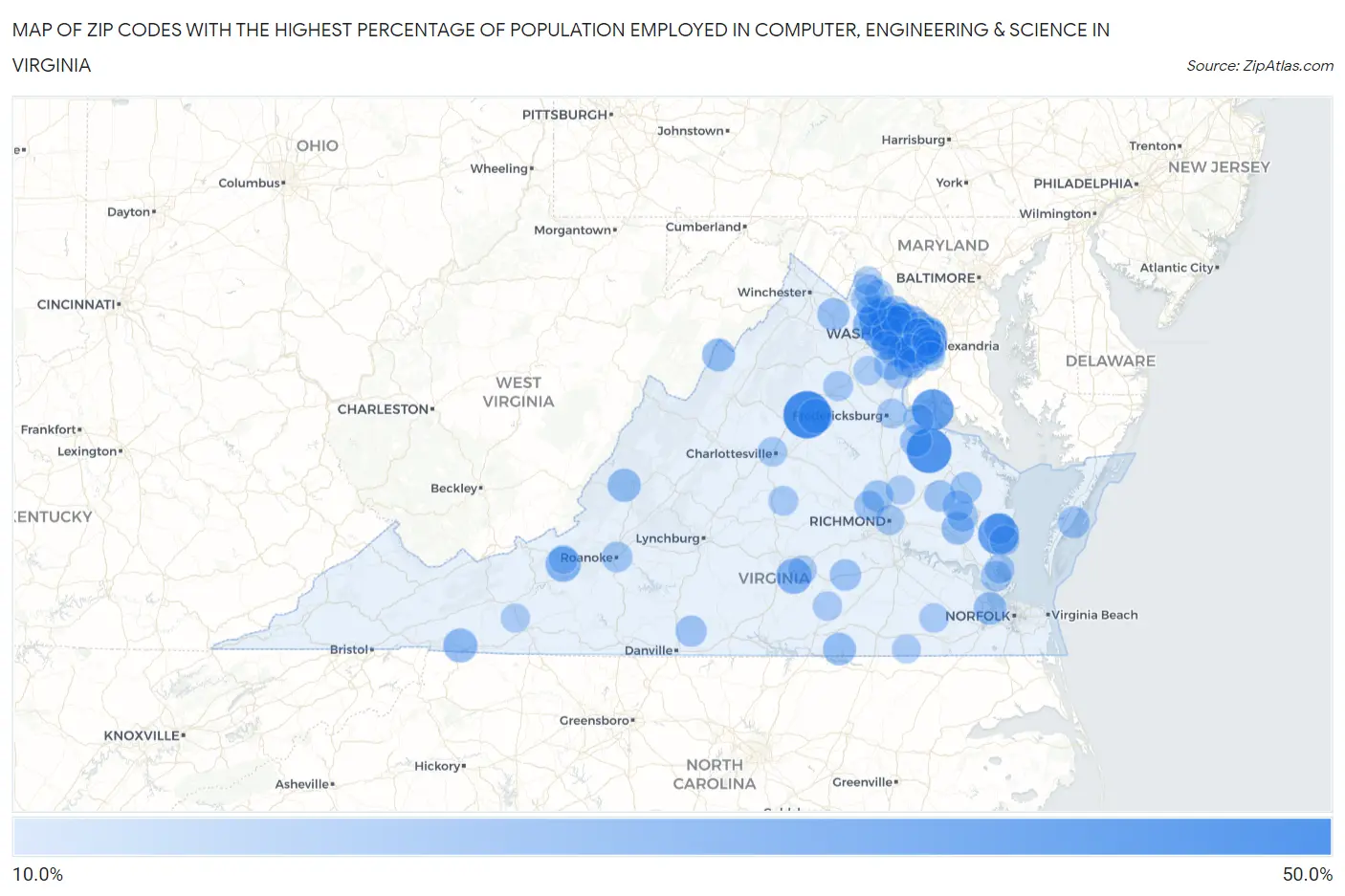 Zip Codes with the Highest Percentage of Population Employed in Computer, Engineering & Science in Virginia Map