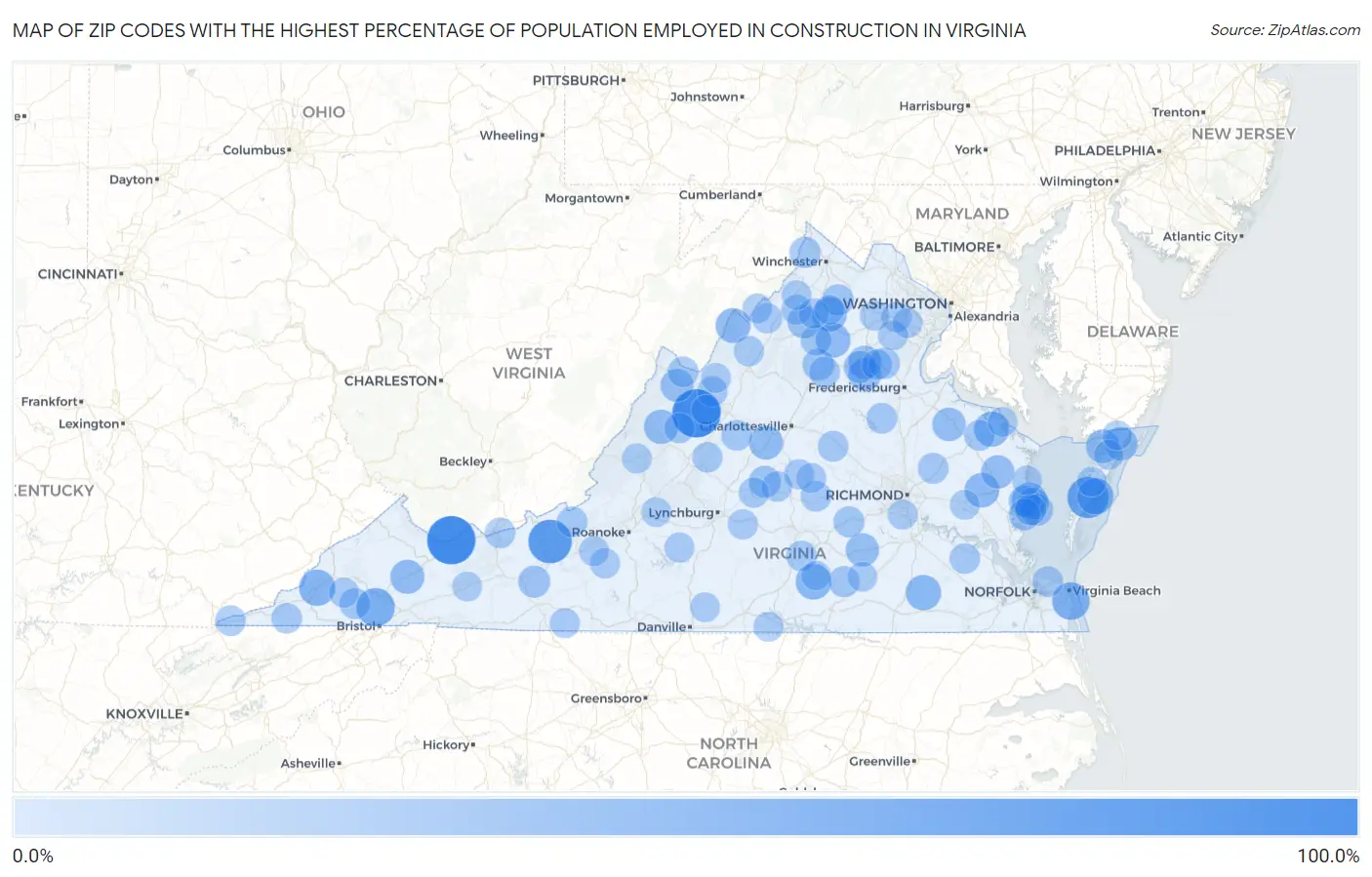 Zip Codes with the Highest Percentage of Population Employed in Construction in Virginia Map