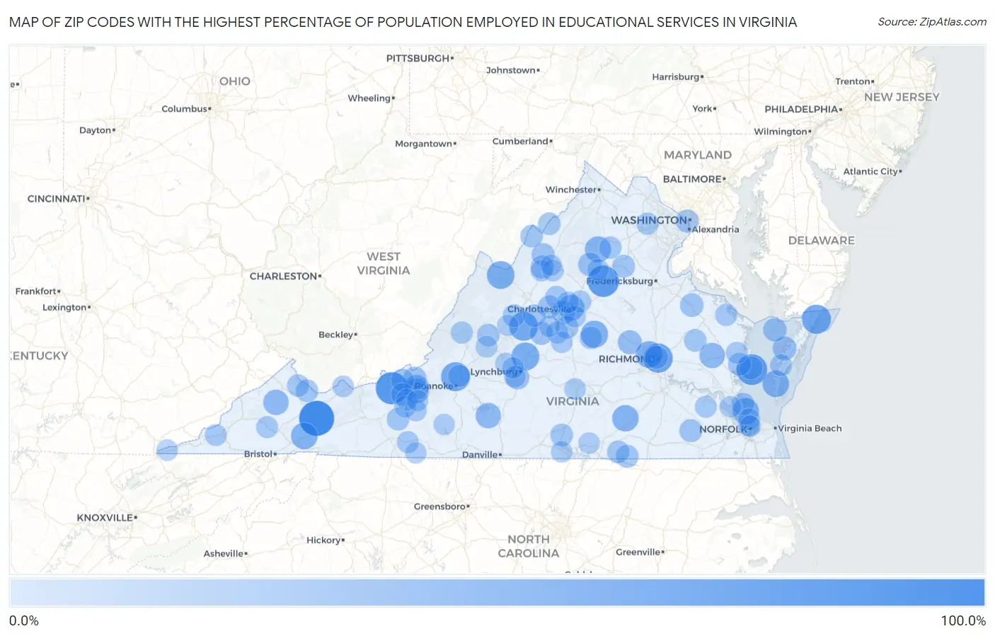 Zip Codes with the Highest Percentage of Population Employed in Educational Services in Virginia Map
