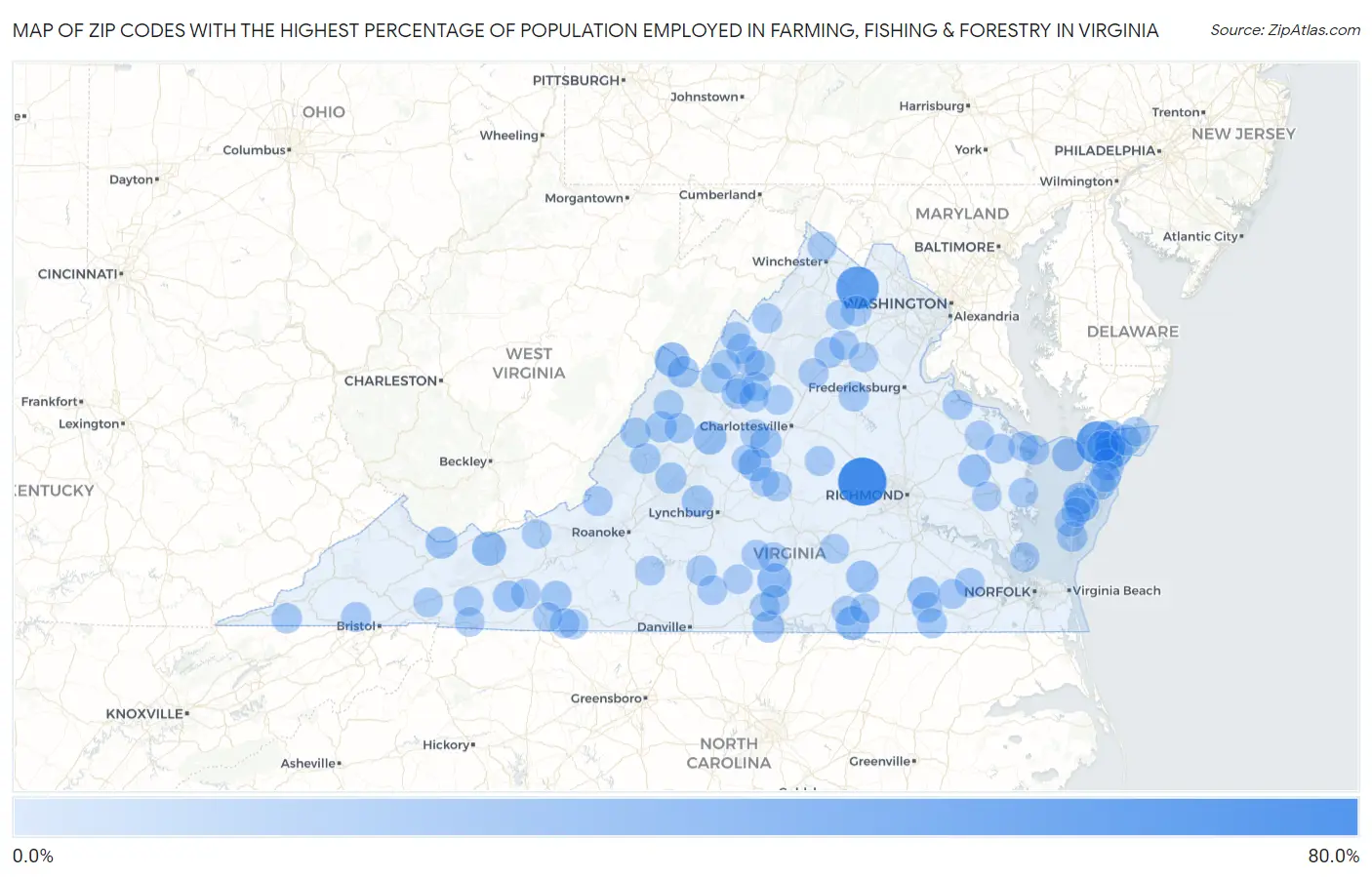 Zip Codes with the Highest Percentage of Population Employed in Farming, Fishing & Forestry in Virginia Map
