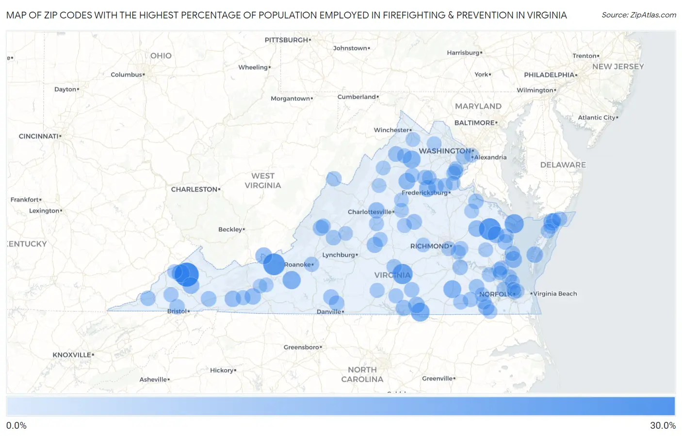 Zip Codes with the Highest Percentage of Population Employed in Firefighting & Prevention in Virginia Map