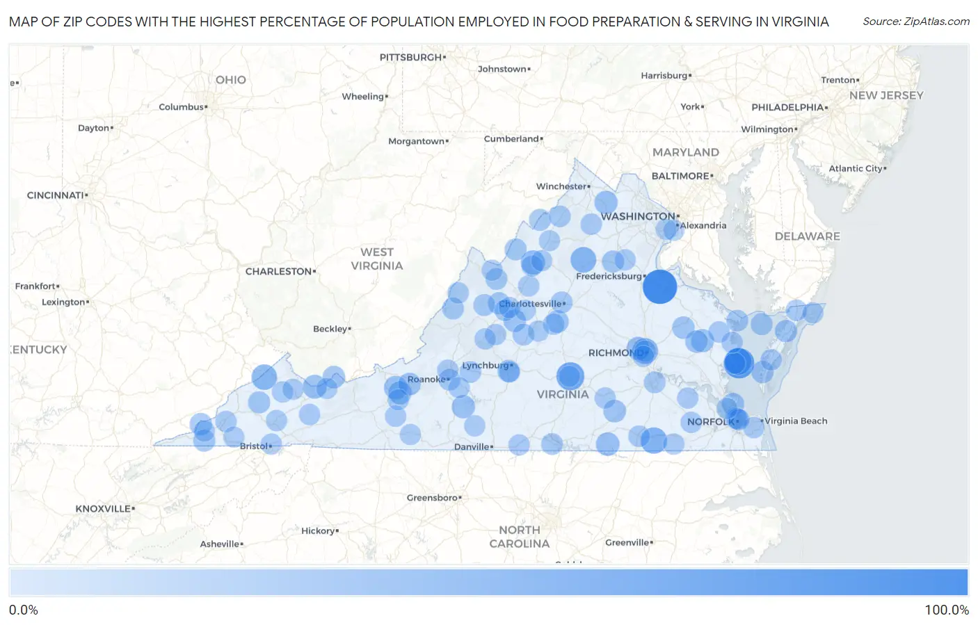 Zip Codes with the Highest Percentage of Population Employed in Food Preparation & Serving in Virginia Map