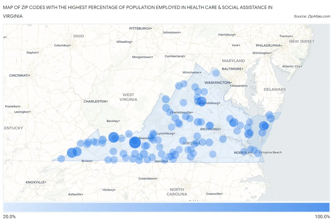 Zip Codes with the Highest Percentage of Population Employed in Health Care & Social Assistance in Virginia Map