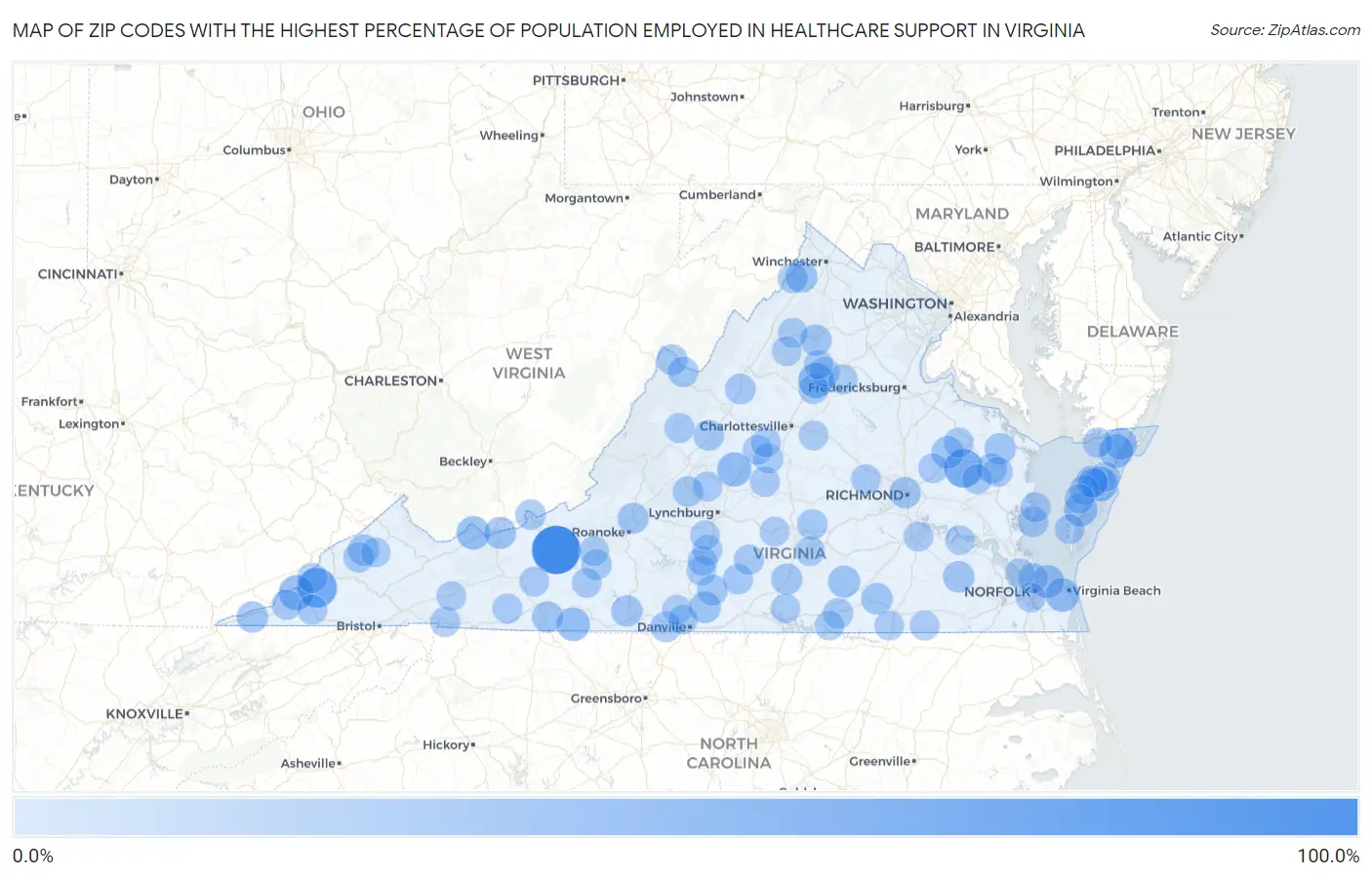 Zip Codes with the Highest Percentage of Population Employed in Healthcare Support in Virginia Map